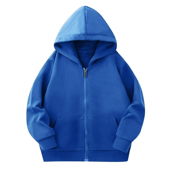 Hoodies Drawstring Kids Full Zip-Up Hoodie, Boys Girls Solid Long Sleeved Zipper Sweatshirt with Pockets, Children's Sports Hooded Fall Jackets Coats Blue 11-12Y