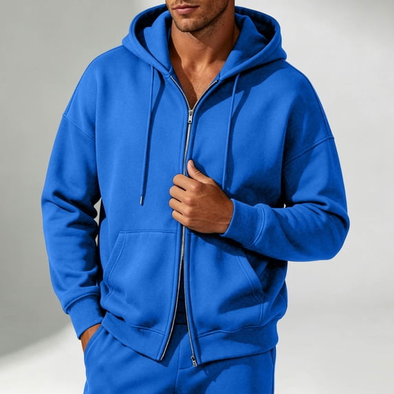 Hoodies For Men Full Zip Up With Pocket Sweatshirt Double Zipper Long Sleeve Solid Casual Drawstring Jacket For Fall Winter