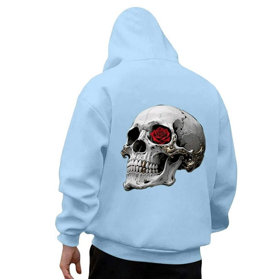 Hoodies For Men Halloween Skull Graphic Loose Hooded Mens Warm Clothing,Light Blue,S