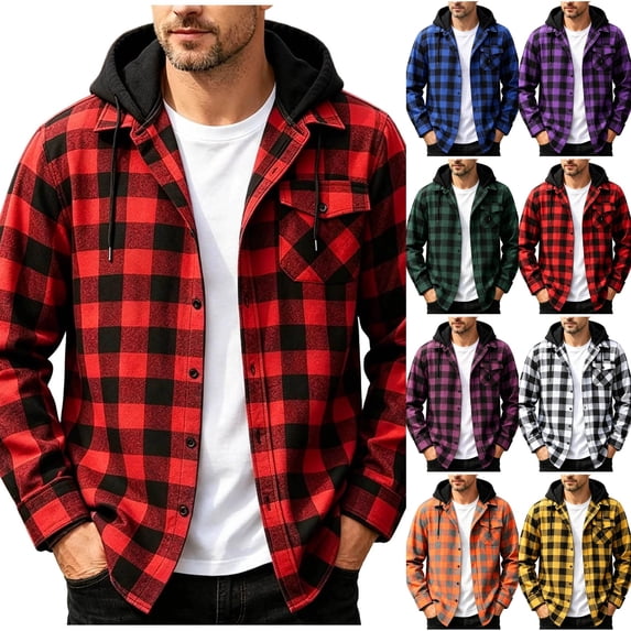 Hoodies For Men Plaid Long Sleeve Button Down Flannel Shirt Fall Fashion Outdoor Casual Big and Tall Hooded Shirt Red L