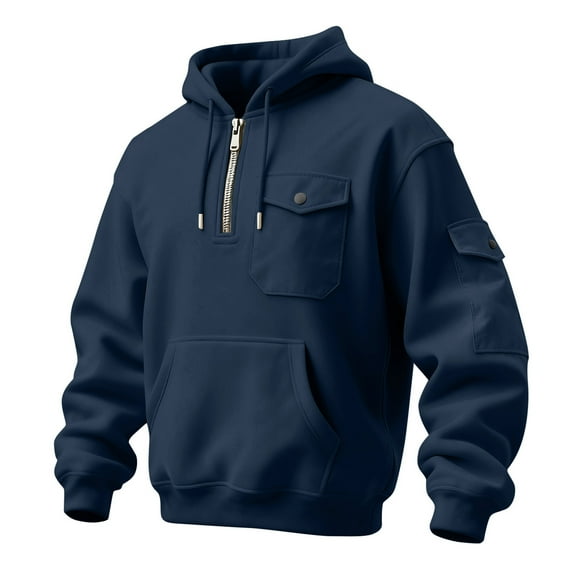 LWavelet Men's Quarter Zip Hoodie with Utility Pockets - Casual Everyday Fall Winter Pullover Navy 2XL