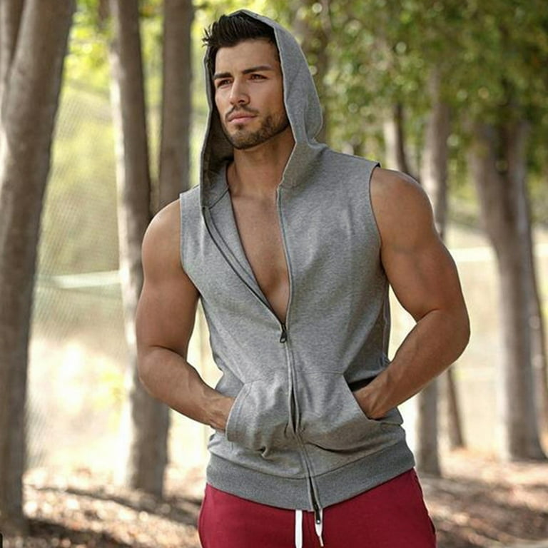 Hoodies For Men Zip Up Men'S Casual Fitness Hooded Double Zipper Tank Tops Sleeveless Vest Blouse Top