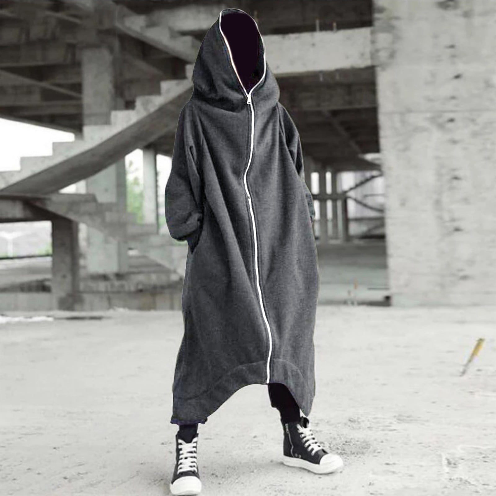 Hoodies For Men's Solid Color Personality Dark Style Full Body Zipper Long  Hooded Sweater Jacket