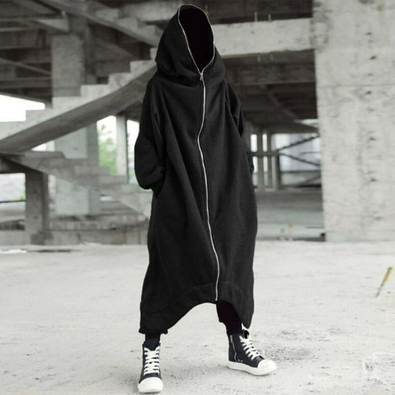 Hoodies For Men s Solid Color Personality Dark Style Full Body Zipper Long Hooded Sweater Jacket