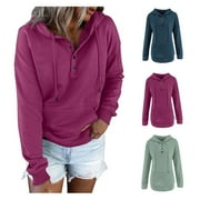 HTNBO Women Hoodies Casual Button Down Sweatshirt Drawstring Long Sleeve Pullover Fall Winter Clothes