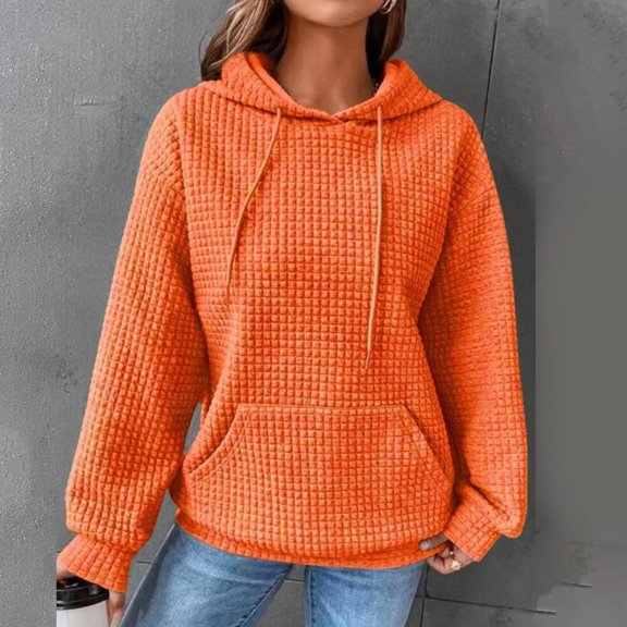 Hoodies For Women Casual Pullover Waffle Long Sleeve Drawstring Hooded Sweatshirt with Pocket 08-Orange S