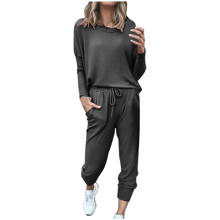 Hoodies For Women Fashion Two-piece Sets Solid Color Long Sleeve Tops Lace-up  Casual Pants Loose Sweatsuit 