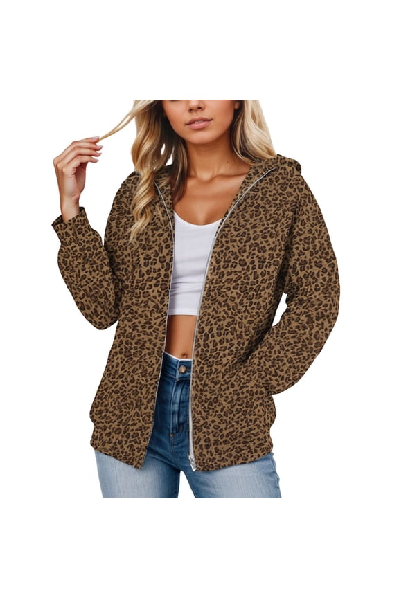 Hoodies For Women Oversized Leopard Print Jacket With Pocket And Full Zipper Long Sleeve Fasion Athletic Streetwear Halloween Sweatshirt