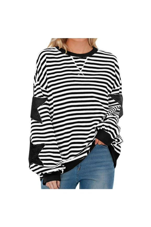 Hoodies For Women Oversized Sweatshirt For Women 2024 Fall Crewneck Star Striped Top Long Sleeve Preppy Y2K Hoodies Lightweight Hoodie