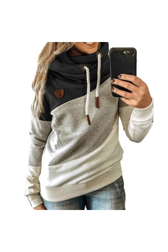 Hoodies For Women Pullover Cowl Neck Casual Long Sleeve Colorblock Hooded Sweatshirts Sweaters Fall Tops
