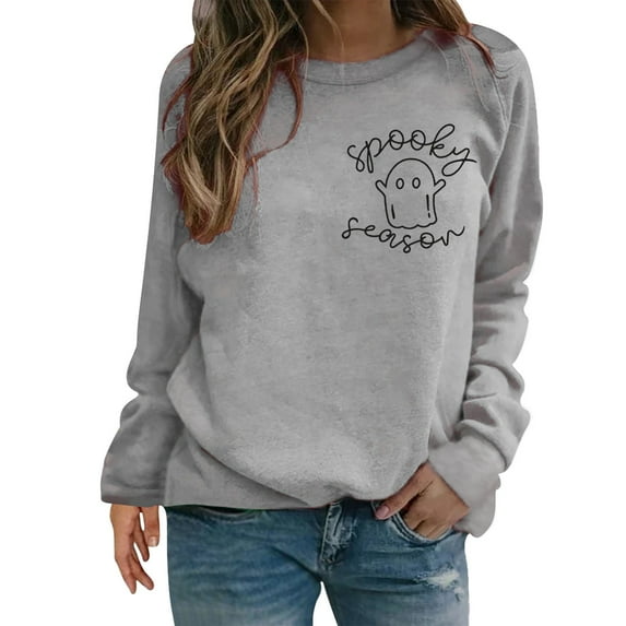 Hoodies For Women Women Halloween Sweatshirt Season Embroidered Crewneck Fall Long Sleeve Pullover Tops Graphic Design Gray