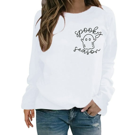 Hoodies For Women Women Halloween Sweatshirt Season Embroidered Crewneck Fall Long Sleeve Pullover Tops Graphic Design White