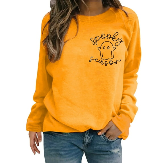 Hoodies For Women Women Halloween Sweatshirt Season Embroidered Crewneck Fall Long Sleeve Pullover Tops Graphic Design Yellow