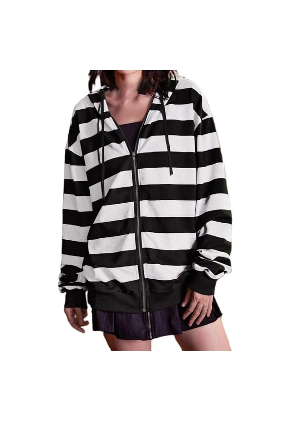 Hoodies For Women Women's tumn And Winter Oversized Loose Striped Casual Zipper Drawstring Sweater Jacket Hoodie
