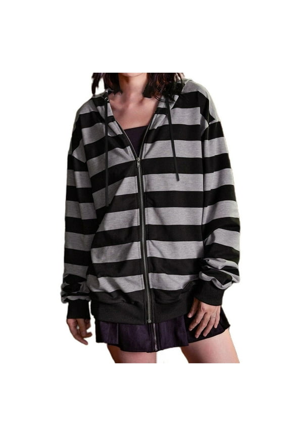 Hoodies For Women Women's tumn And Winter Oversized Loose Striped Casual Zipper Drawstring Sweater Jacket Hoodie