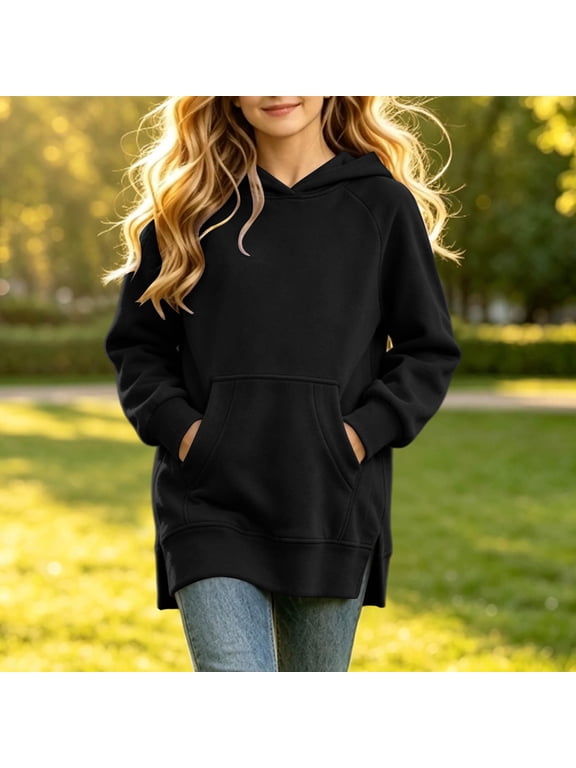 Hoodies for Girls 10-12 Long Length Side Split Hooded Girls Sweatshirt Preppy Long Sleeve Pullover Sweatshirts for Girls Lightweight Winter Shirt for Teen Girls with Pocket