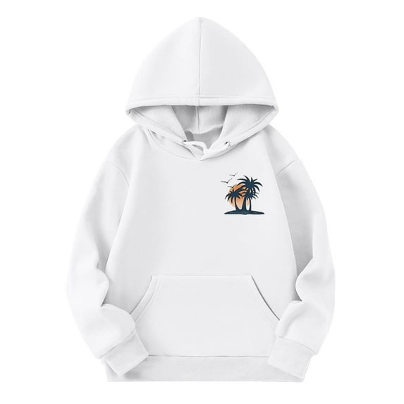 Hoodies for Girls 14-16 Kids Girls Sports Shirt Boy Girl Coconut Tree Print Casual Solid Color Hoodie Pullover Hooded Sweatshirt with Pocket Suitable for Teen White-a, 7-8 Years