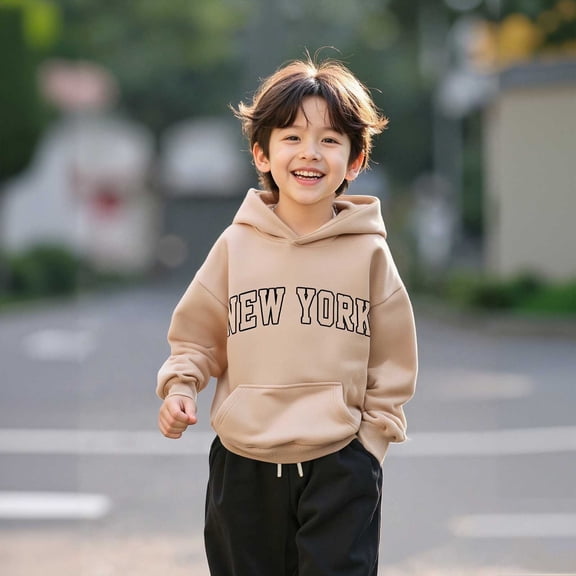 Hoodies Kids City Name Letter Print Khaki Hooded Long Sleeve Pullover Tops Winter Clothes Toddler Girls Clothes 5-6 Years