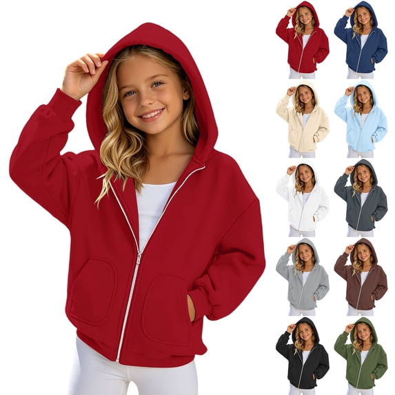 Hoodies Kids Long Sleeve Unisex Zip up Jacket Hoodies Casual Fashion Tops Girls Red Hoodie Size 4-15 Years
