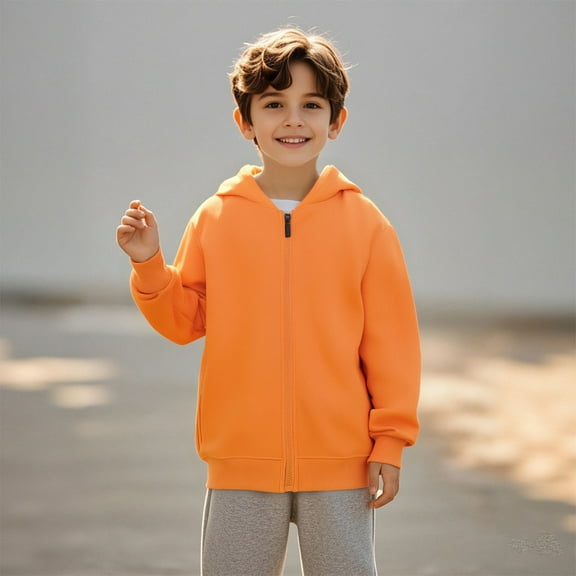 Hoodies Kids Orange Full Zipper Hoodie Long Sleeve Casual Basic Pullover Sweatshirt Hoodie Fall Winter Clothes Girl Clothes 5-6 Years Boys Girls Fashion