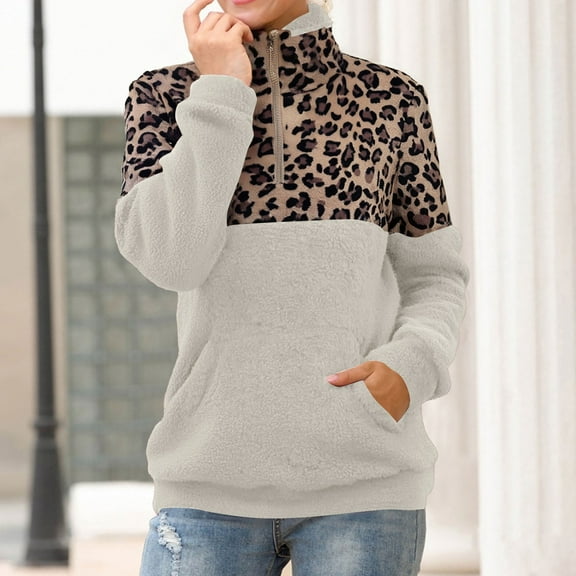 Hoodies Leopard Print Sweater Women's Stitching 1/4 Zipper Collar Top Double Fleece Warm Jacket With Pockets