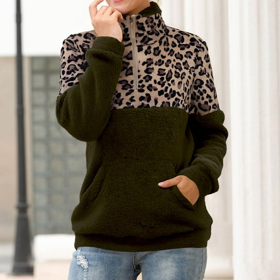Hoodies Leopard Print Sweater Women's Stitching 1/4 Zipper Collar Top Double Fleece Warm Jacket With Pockets