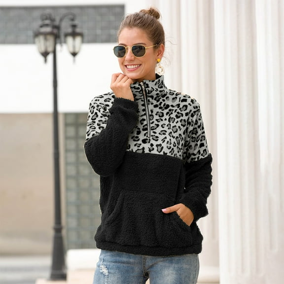 Hoodies Leopard Print Sweater Women's Stitching 1/4 Zipper Collar Top Double Fleece Warm Jacket With Pockets