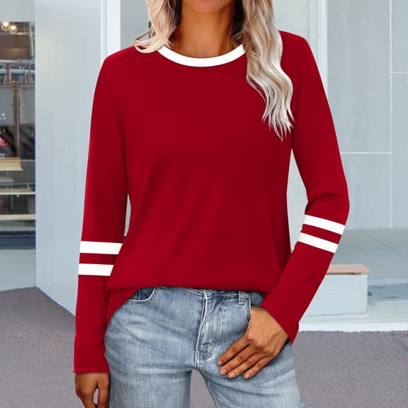 Hoodies Long Sleeve Shirts for Women Autumn And Winter New Round Neck Long Sleeved Loose T Shirts Female Autumn And Winter Comfortable Commute Fashion Long Sleeved Lady T Shirt Tops Red L