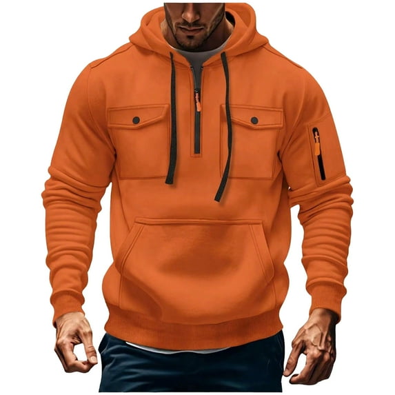 Hoodies for Men Casual Cotton Essentials Hoodie Pullover Long Sleeve Fleece Hooded Sweatshirts Men's Cargo Solid Color Multiple Pockets Sports Ditness Training Long Sleeved Hooded Casual Orange S