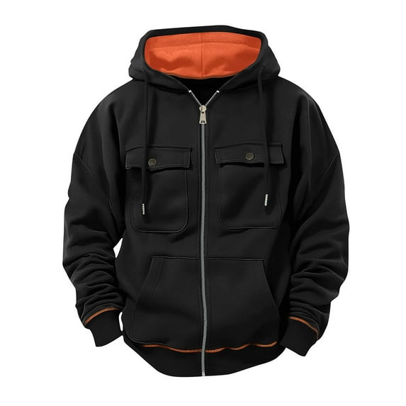 Hoodies for Men Casual Cotton Essentials Hoodie Pullover Long Sleeve Fleece Hooded Sweatshirts Men's Solid Color Multi Pocket Zipper Cardigan Long Sleeved Hooded Sweatshirt Jacket Black XXXL