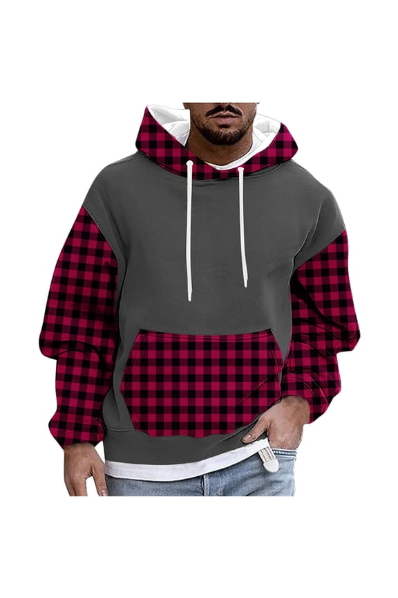 Hoodies for Men Color Block Checked Printed Hoodie Spring Fall Fleece Lined Sweatshirts Long Sleeve Tops Casual Hooded Pullovers with Pockets Active Wear Sweaters for Sports Running
