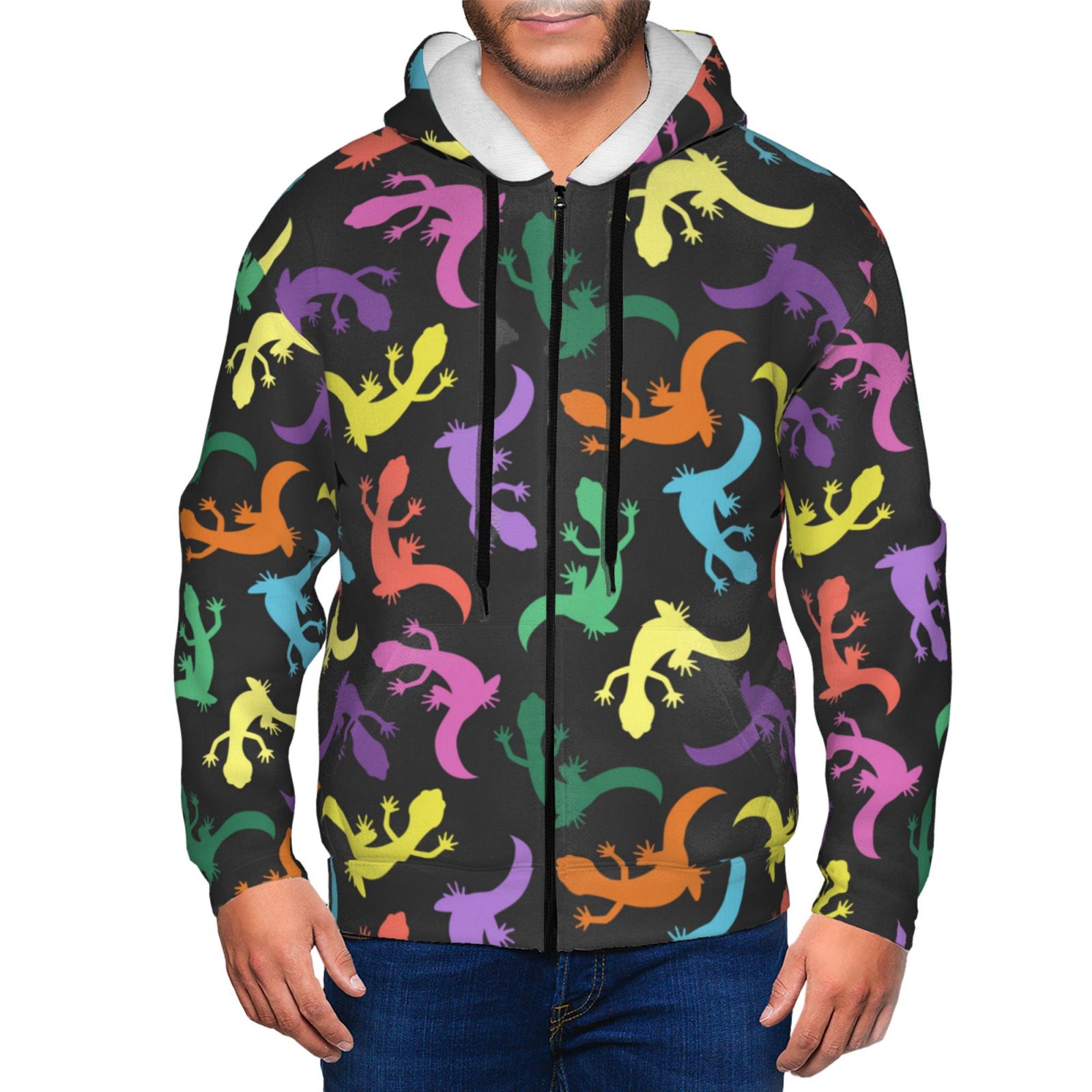 Hoodies for Men Colorful Lizards Long Sleeve Zip Up Hoodie Men Full Zip Hoodie Sweatshirt Pullover with Pockets Fall Winter Casual Tops Fashion Clothes for Men Walmart