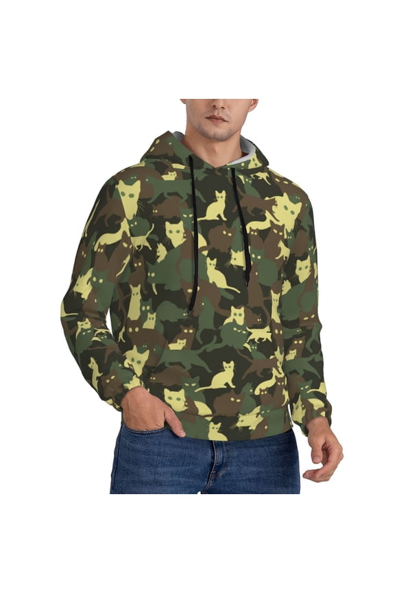 Hoodies for Men - Cool Cat Green Camouflage Long Sleeve Comfrt Men'S Fashion Hoodies & Sweatshirts, Sweatshirts for Men Hoodies Pullover Clothing Clothes with Pouch