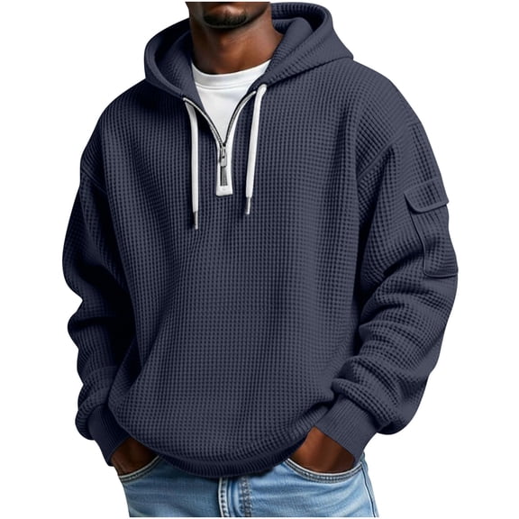 Hoodies for Men Drawstring Hoody Quarter Zip Hoodie Waffle Pullover Sweatshirts Outdoor Jacket Warm Fleece Hoodies Sweat Top Mens Jumper for Autumn Winter Running Work Navy M