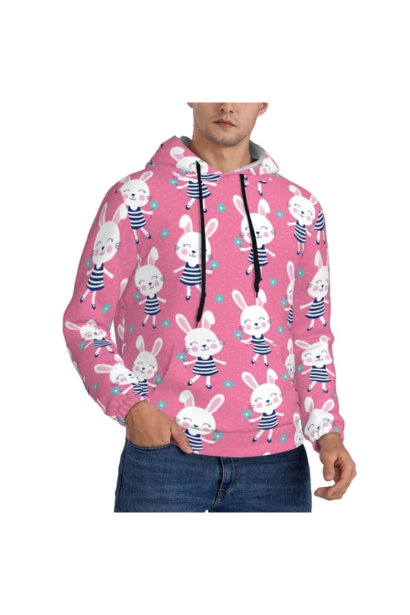 Hoodies for Men - Feminine Pink Cute Rabbit Flower Long Sleeve Comfrt Men'S Fashion Hoodies & Sweatshirts, Sweatshirts for Men Hoodies Pullover Clothing Clothes with Pouch