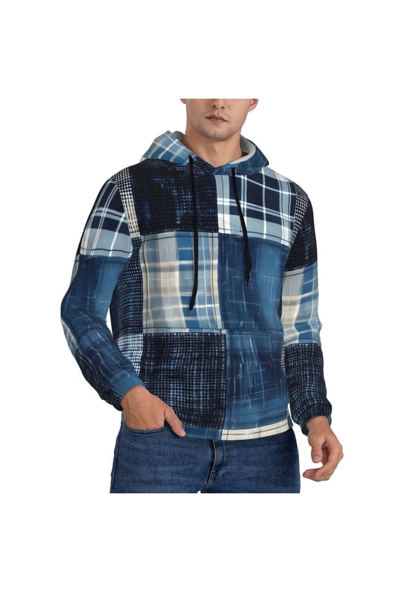 Hoodies for Men - Indigo Patchwork Quilt Long Sleeve Comfrt Men'S Fashion Hoodies & Sweatshirts, Sweatshirts for Men Hoodies Pullover Clothing Clothes with Pouch