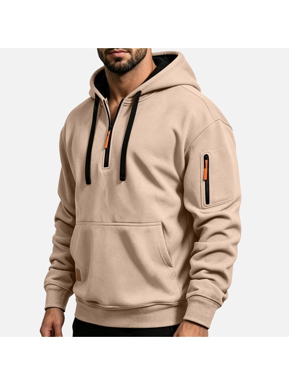Hoodies for Men Long Sleeve Hooded Jackets Oversized Zip Up Hoodie Zipper Hoody Sweatshirts with Pockets Fall Winter Work Cargo Sport Jumper Jacket Khaki XL