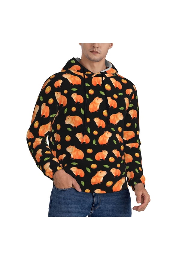 Hoodies for Men - Orange and Capybara Long Sleeve Comfrt Men'S Fashion Hoodies & Sweatshirts, Sweatshirts for Men Hoodies Pullover Clothing Clothes with Pouch