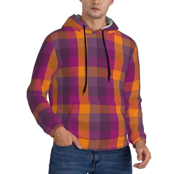 Hoodies for Men - Orange and Purple Plaid Long Sleeve Comfrt Men'S Fashion Hoodies & Sweatshirts, Sweatshirts for Men Hoodies Pullover Clothing Clothes with Pouch