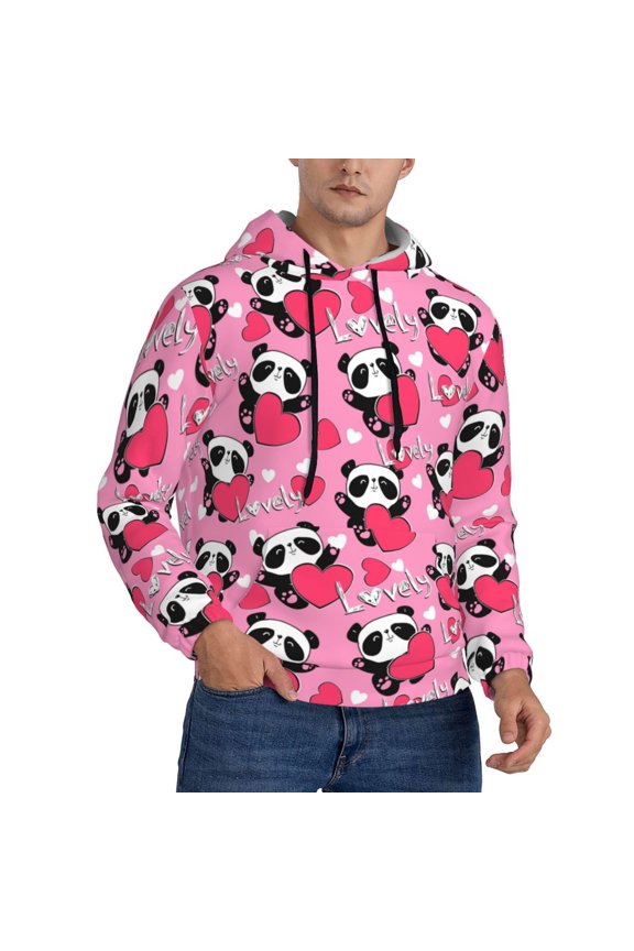 Hoodies for Men - Panda Heart Valentine Pink Long Sleeve Comfrt Men'S Fashion Hoodies & Sweatshirts, Sweatshirts for Men Hoodies Pullover Clothing Clothes with Pouch