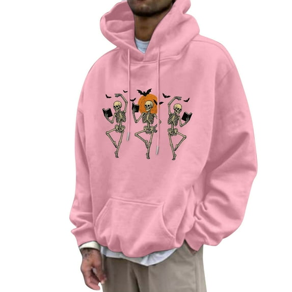 Hoodies Men Pumpkin Skull Hoodie Sweatshirt Halloween Partial Casual Pullover Top Sweatshirts Men Pink XL