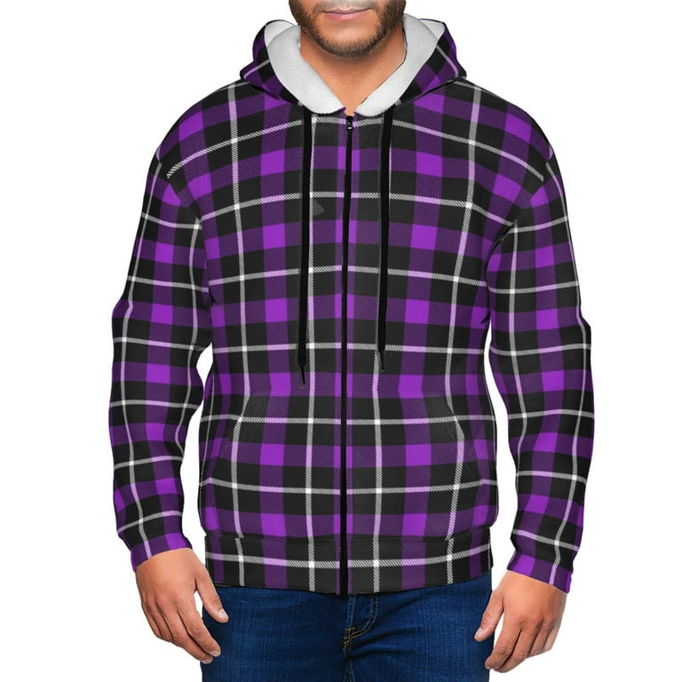 Hoodies for Men Purple tartan Buffalo Plaid Long Sleeve Zip Up Hoodie Men Full Zip Hoodie Sweatshirt Pullover with Pockets Fall Winter Casual Tops Fashion Clothes for Men Walmart