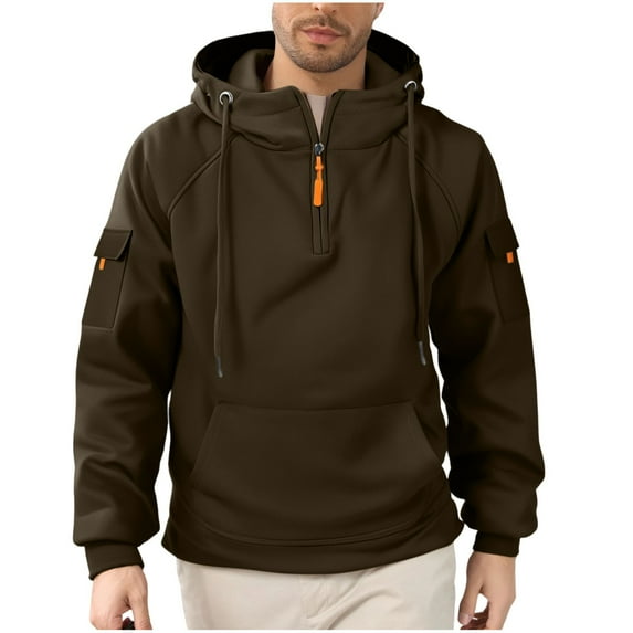 Hoodies for Men Quarter Zip Pullover Top Vintage Personalized Tactical Jackets Long Sleeve Casual Hooded Sweatshirts Solid Color Outdoor Sports Workout Outwear with Pockets