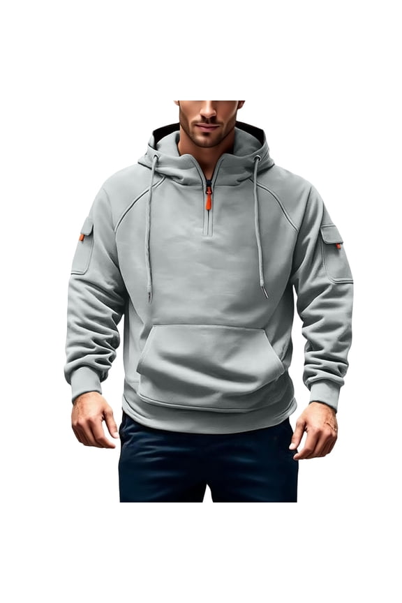 Hoodies for Men Quarter Zip Pullover Top Vintage Personalized Tactical Jackets Long Sleeve Casual Hooded Sweatshirts Solid Color Outdoor Sports Workout Outwear with Pockets