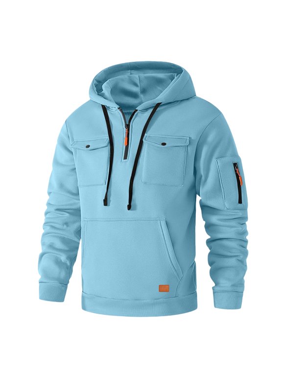 Hoodies for Men Quarter Zip Sweatshirt Tactical Cargo Pullover Long Sleeve Fashion Sweatshirts Drawstring Loose Fit Fall Winter Hoodie Pullover with Multi Pockets