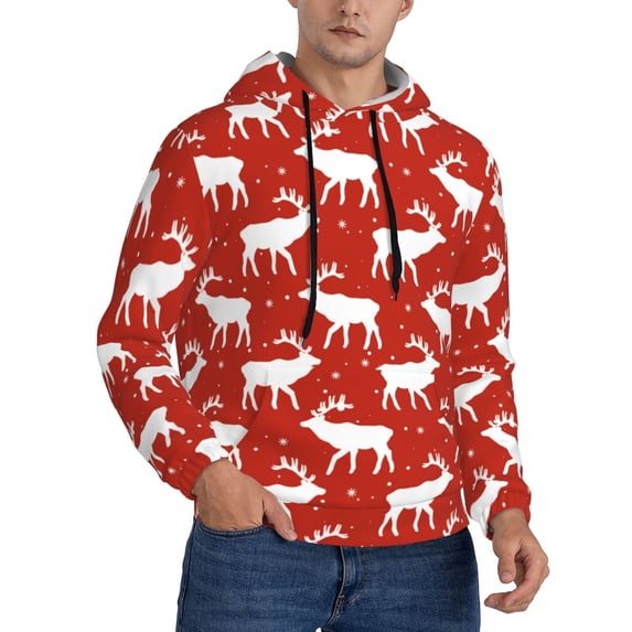Hoodies for Men - Red white deers moose winter Long Sleeve Comfrt Men'S Fashion Hoodies & Sweatshirts, Sweatshirts for Men Hoodies Pullover Clothing Clothes with Pouch