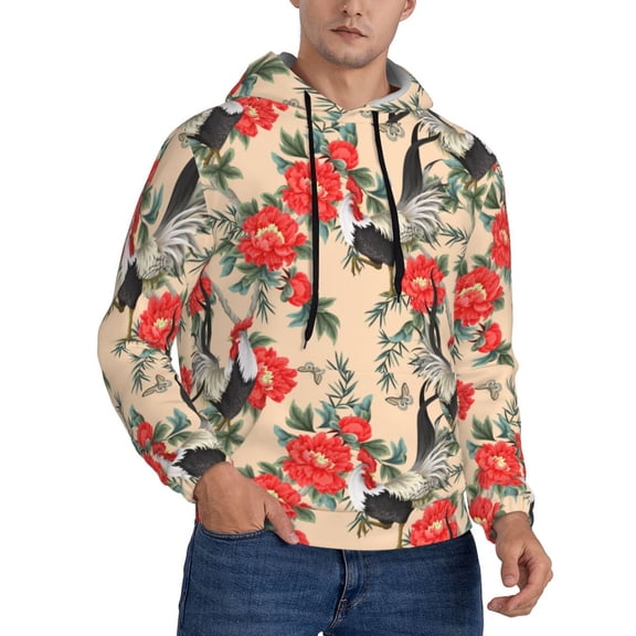 Hoodies for Men - Roosters And Peonies Flowers Long Sleeve Comfrt Men'S Fashion Hoodies & Sweatshirts, Sweatshirts for Men Hoodies Pullover Clothing Clothes with Pouch