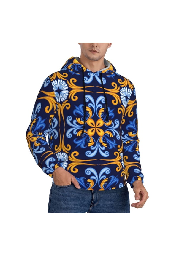 Hoodies for Men - Sicilian blue pattern Moroccan style Long Sleeve Comfrt Men'S Fashion Hoodies & Sweatshirts, Sweatshirts for Men Hoodies Pullover Clothing Clothes with Pouch