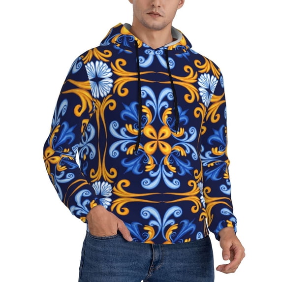 Hoodies for Men - Sicilian blue pattern Moroccan style Long Sleeve Comfrt Men'S Fashion Hoodies & Sweatshirts, Sweatshirts for Men Hoodies Pullover Clothing Clothes with Pouch