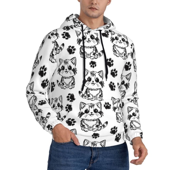 Hoodies for Men - Sketch Cartoon Cat and Cat Paw Long Sleeve Comfrt Men'S Fashion Hoodies & Sweatshirts, Sweatshirts for Men Hoodies Pullover Clothing Clothes with Pouch